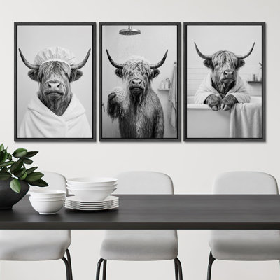 Highland Cow Bathroom Spa Shower Grooming Humor Black And White Animal Artwork Wall Art Decor Framed On Canvas 3 Pieces Print