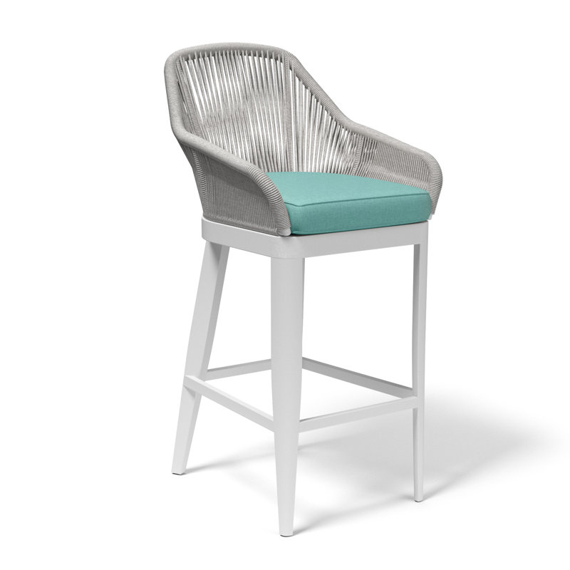 Miami Outdoor Bar Stool, Dupione Celeste Sunbrella®, White