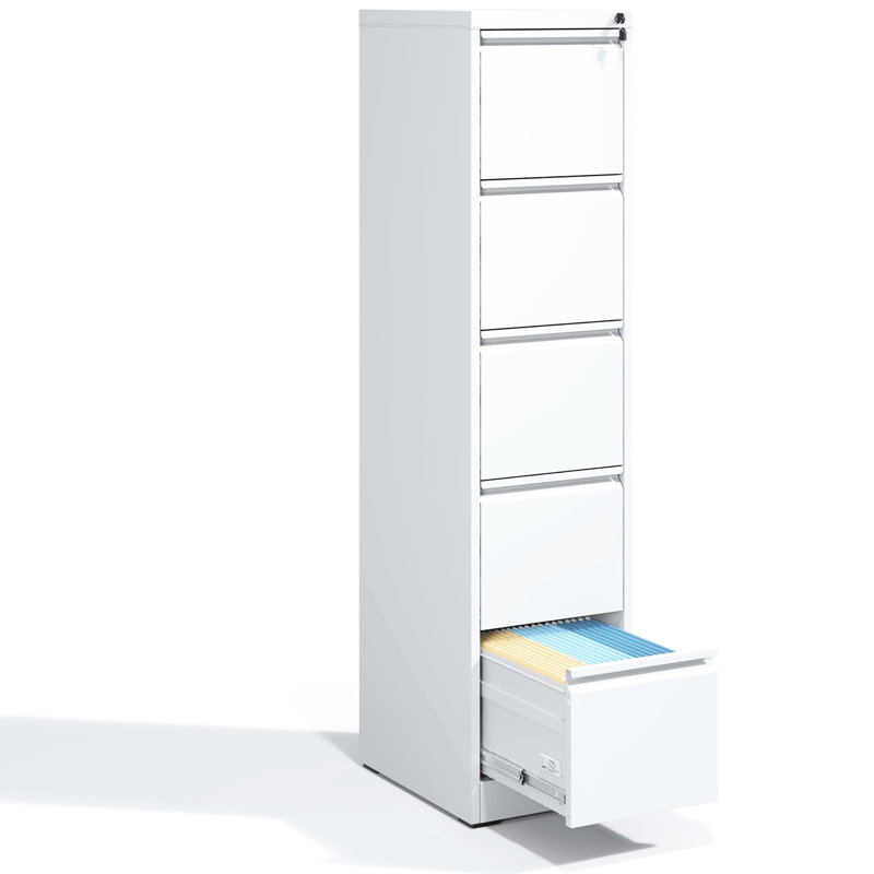 5 Drawer Metal Office/Home File Cabinet, Construction, Full Extension Drawers, Tilt, White Color Cabinet 5 Strong Steel, Tilt System, Elegant