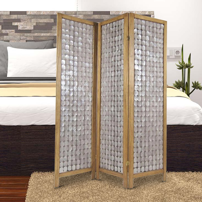 3-Panel Brown and Silver Wooden Folding Screen with Pearl Motif