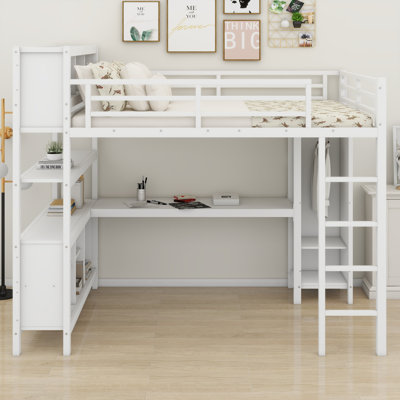 Lit mezzanine en métal avec garde-robe et bureau en L, cubes de rangement et tablettes
