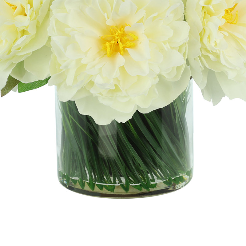 Faux Peony Arrangement in a Glass Vase, Cream
