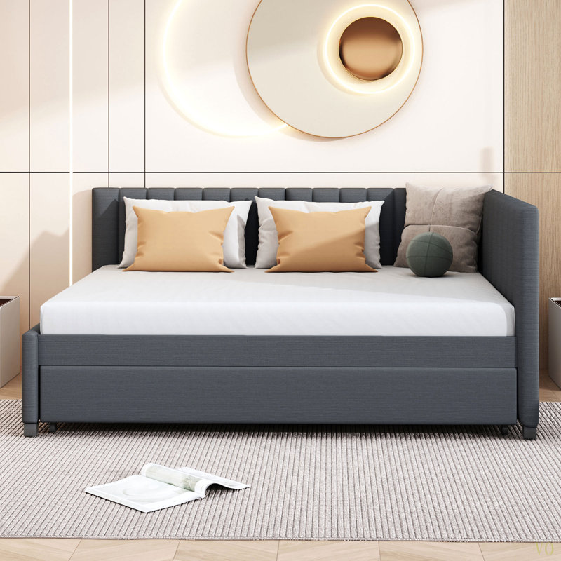 Full Size Upholstered Daybed With Trundle Sofa Bed Frame No Box Spring Needed, Linen Fabric, Gray, Full/Double