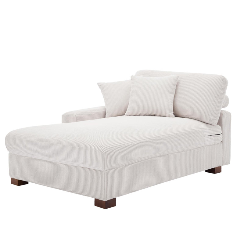 Chaise longue moderne rembourrée avec deux coussins et pieds en bois massif l 42,2 po Yalisa, Velours côtelé beige, Oui