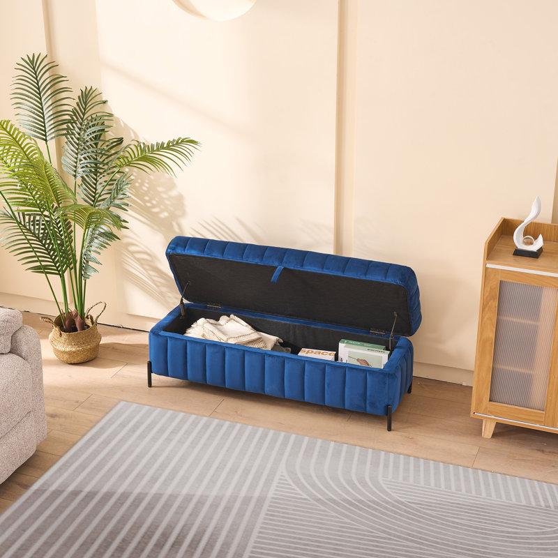 Colten Velvet Upholstered Ottoman with Hidden Storage, Navy