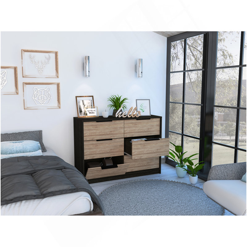 Commode 4 tiroirs Kaia, plateau supérieur - noir / pin, Naturel/noir