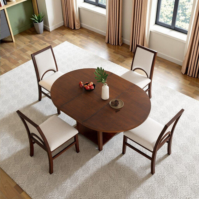 Table de salle à manger ronde en bois massif pour 4 personnes avec plateau extensible et chaises rembourrées, Brun / beige