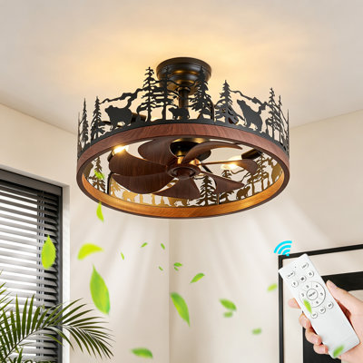Rustic Forest Animal Metal Caged Ceiling Fan Light With Remote