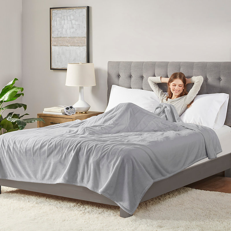 Full Light Grey Plush Heated Blanket with Controller