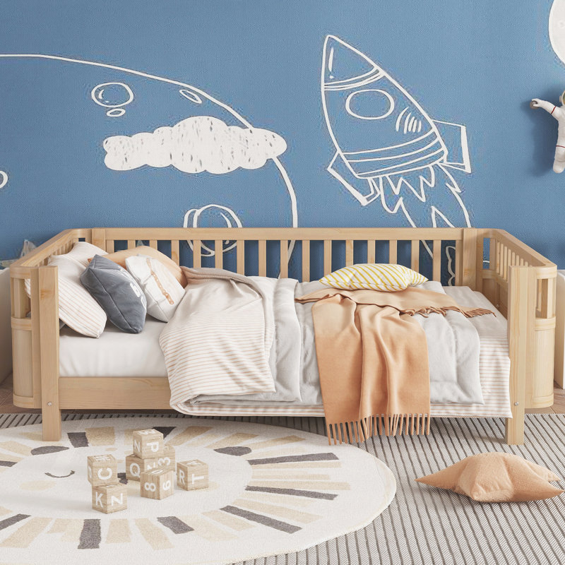 Lit plateforme en bois avec rails, Naturel, Double