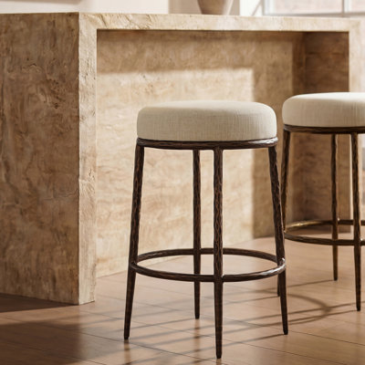 26.5" Modern Glam Backless Counter Height Bar Stool with Hand-Hammered Metal Legs and Linen-Blend Upholstered Seat