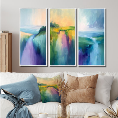 «Blue and Purple Dreamy Landscape Meadow I», collection de 3 grands panneaux modernes sur toile