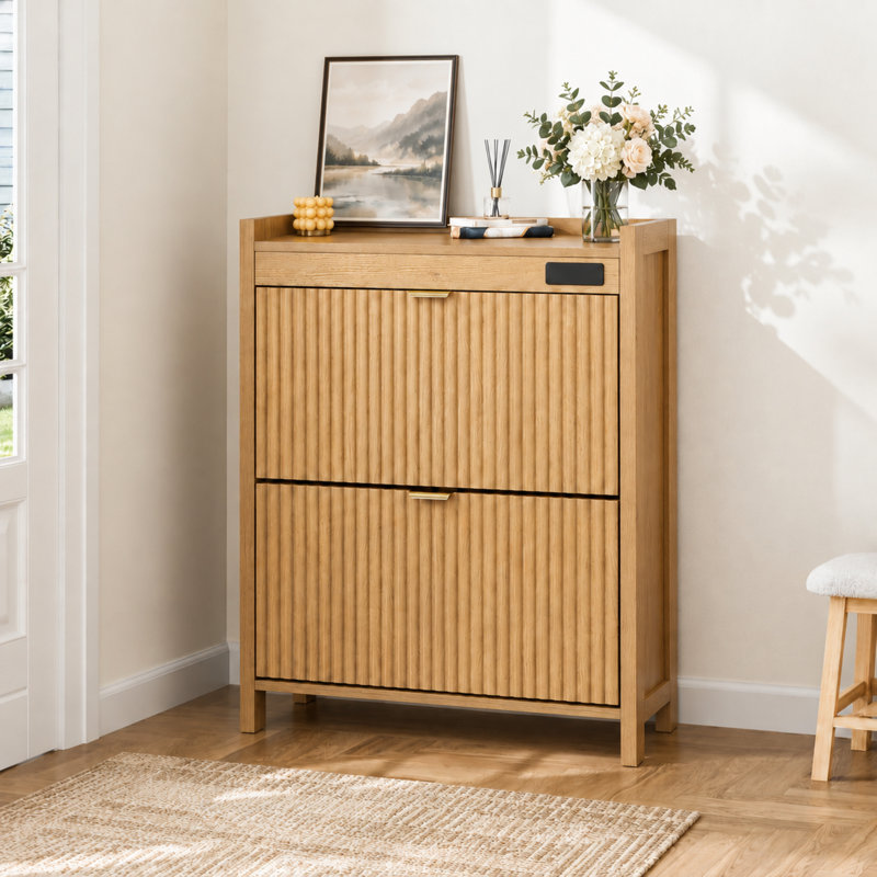 16 Pair Wooden Flip Down Shoe Storage Cabinet with Built-In Deodorizer for Entryway, Natural Oak