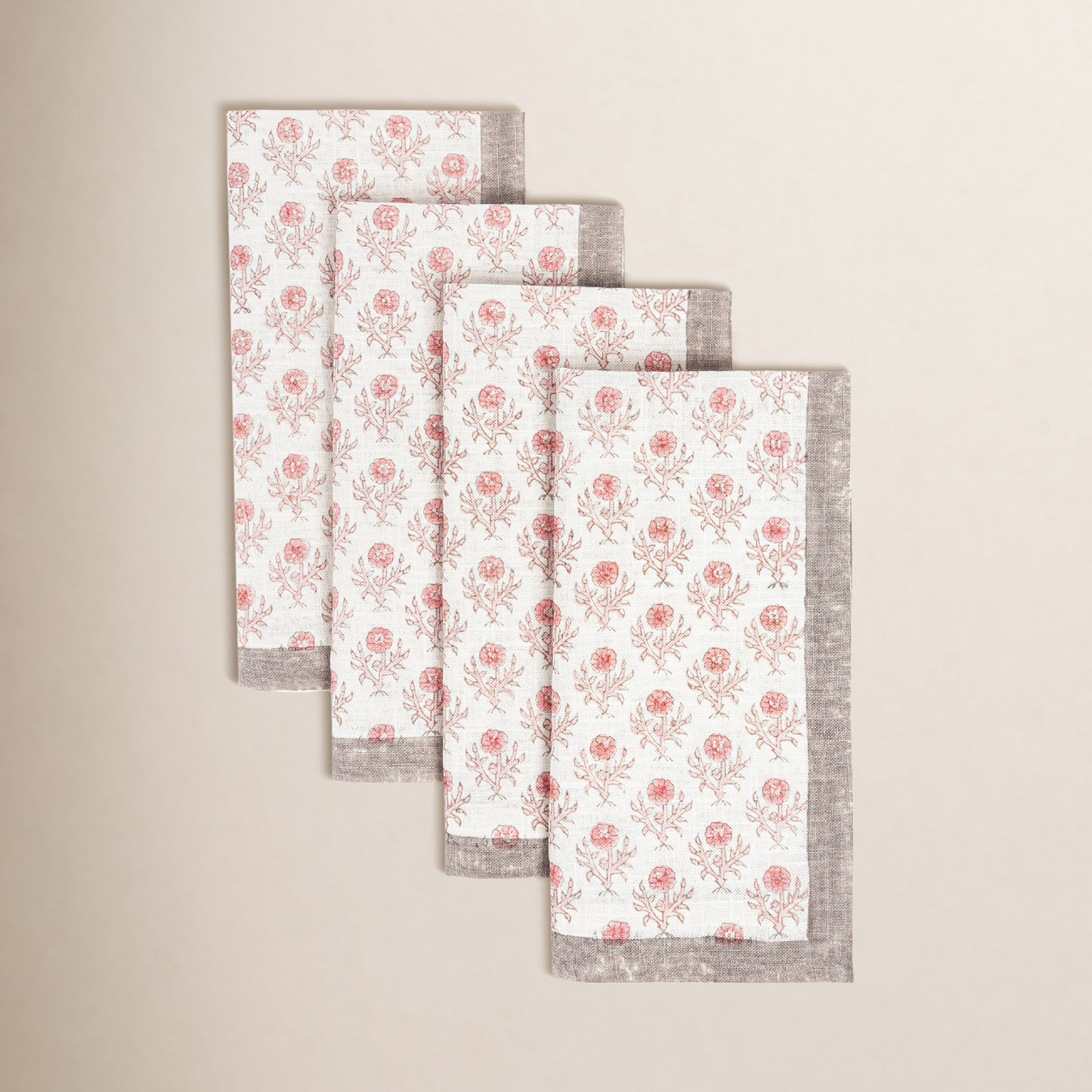 Hand-Blocked Cotton Napkin, Pink Bloom