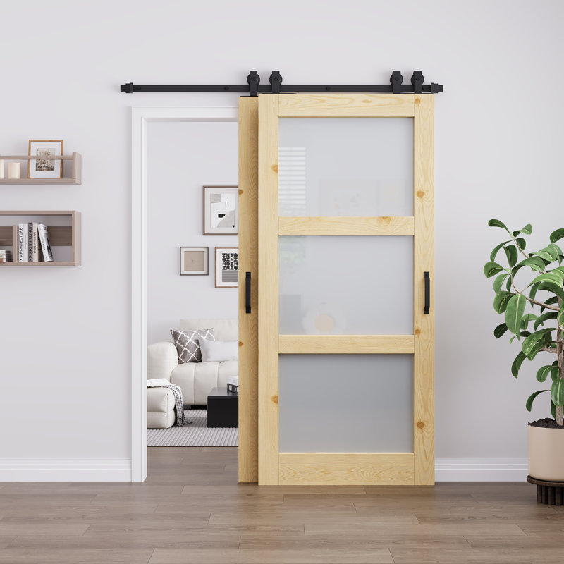 Porte de grange coulissante Bypass pré-assemblée avec porte en bois de pin massif en verre givré 3 pièces avec trousse de quincaillerie d'installation