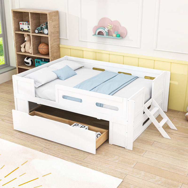 Lit plateforme avec garde-corps et tiroir de rangement, Lit double, Blanc