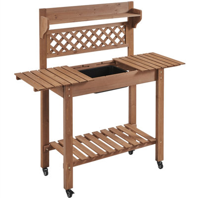 Jihane Fir Wood Potting Bench with Sliding Tabletop and Lockable Wheels