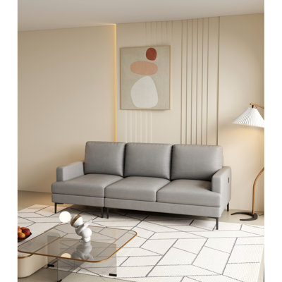 Canapé moderne de luxe en cuir véritable de 77 po avec port USB et chargeur de type C, 3 sièges confortables pour le bureau à domicile