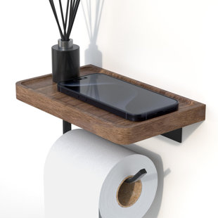 Porte-papier hygiénique avec tablette en bois de noyer noir, tablette murale et adhésive en bois pour suspendre un rouleau de papier hygiénique