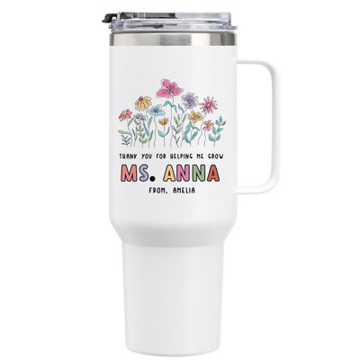 Custom 40 Oz Tumbler With Handle, Floral Thank You Design, Name Text, Teacher Gift