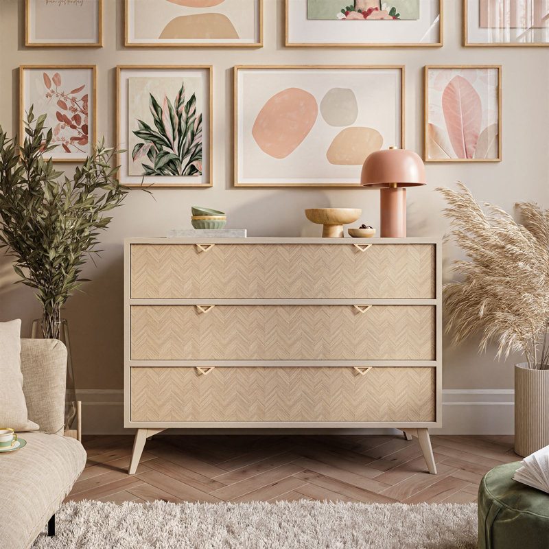 Creg 106cm W 3 - Drawer Chest of Drawers, Sand Beige/Herringbone Scandi Pattern