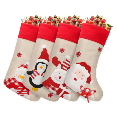 Bas de Noël 19 po en lin, décoration de Noël avec pingouins, père Noël, bonhommes de neige
