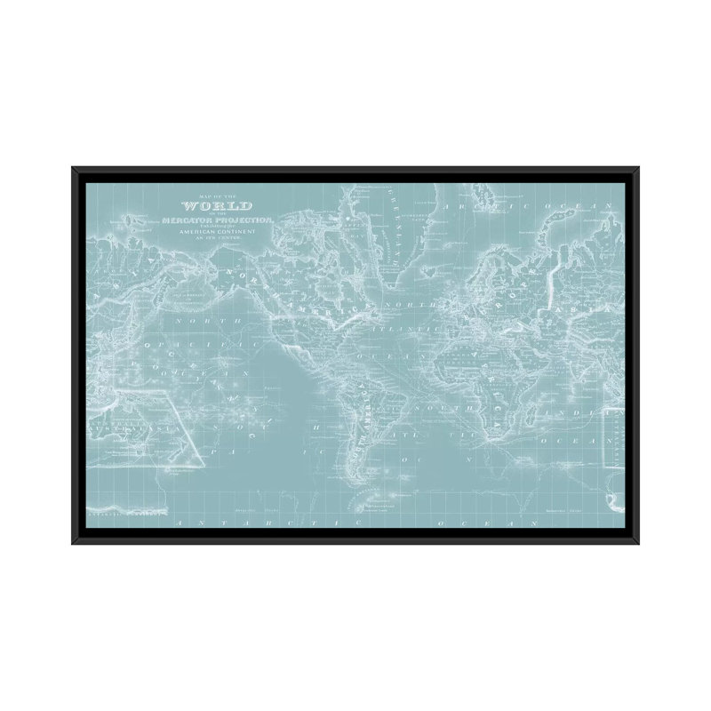 « world map on aqua », impression sur toile, H 18 po x l 26 po x P 1,5 po, Toile avec cadre noir, Pas de tapis