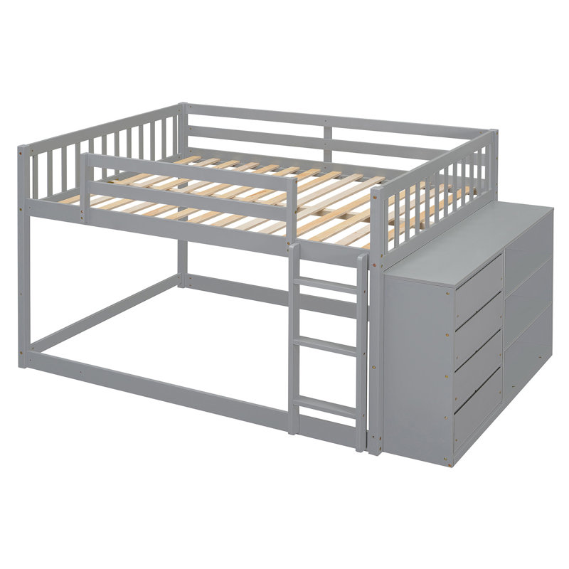 Lit superposé double pleine grandeur avec rangement organisateur - 4 tiroirs et 3 tablettes au-dessus des matériaux, Gris