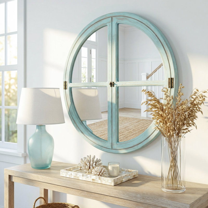 30" Round Farmhouse Windowpane Tempered Glass Mirror, Antique Aqua