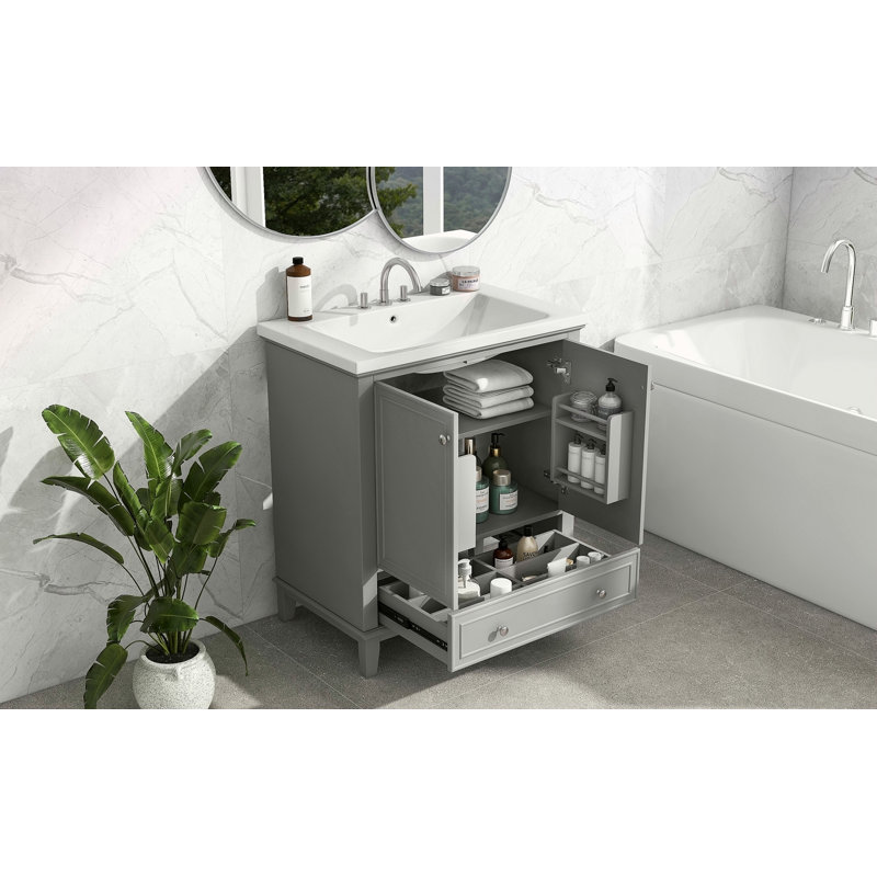 Ensemble de meuble-lavabo 30 po avec lavabo, armoire de salle de bain multifonctionnelle avec portes et tiroir, structure solide et panneau de fibres à densité moyenne