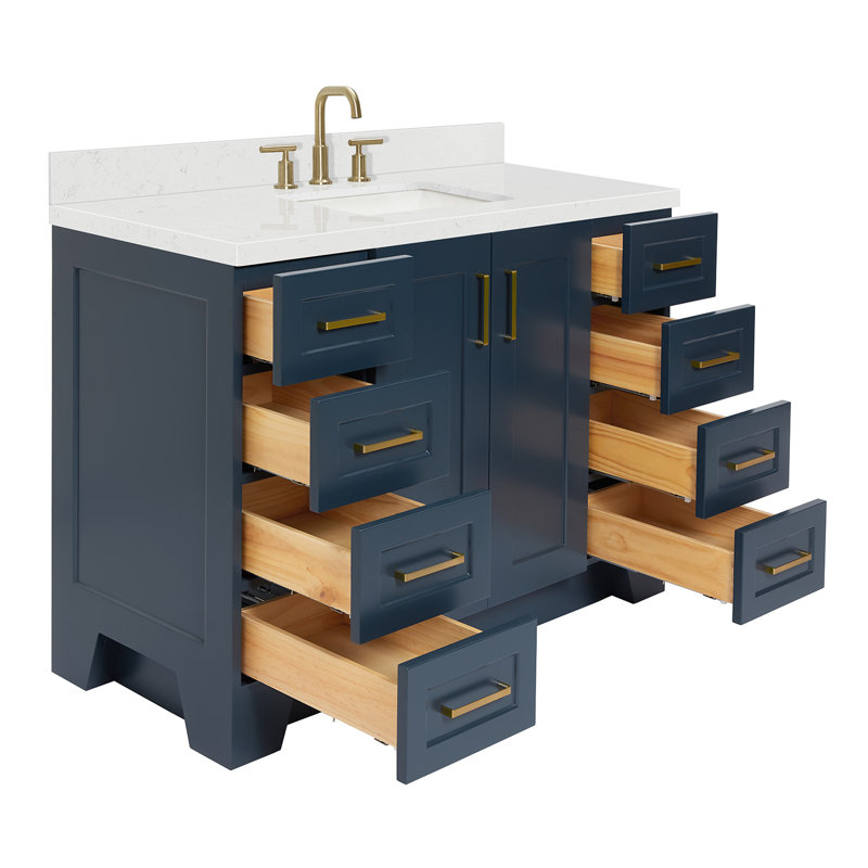 Freitas 48'' Solid Wood Single Bathroom Vanity, Midnight Blue, Carrara Quartz, Rectangle