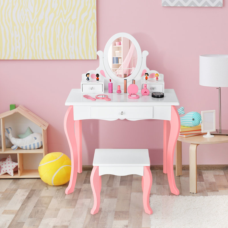 Taren Dressing Table with Mirror, Pink/White