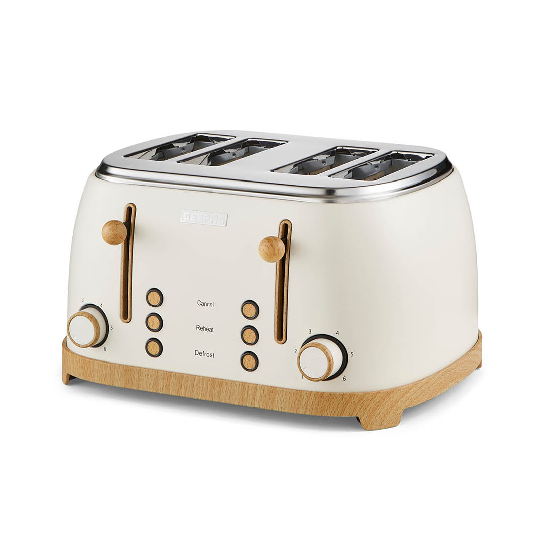 GEEPAS NordiQ 4 Slice Toaster | Matte Finish with Wood Accents | 6 Browning Levels Defrost Reheat & Cancel | Dual Control High Lift Removable Crumb Tr