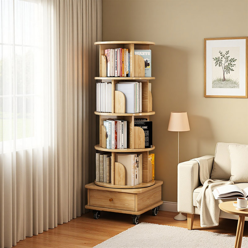 5 Tier Rotating Bookshelf – 360° Display Round Spinning Bookshelf With Wheels For Space-Saving Storage, Perfect For Small Spaces In Bedroom, Living Room, Home & Office, Oak