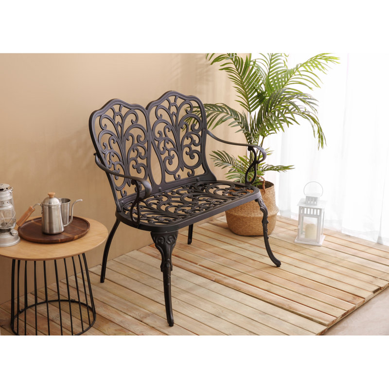 Banc de jardin en fonte d'aluminium avec motif floral rose, Noir