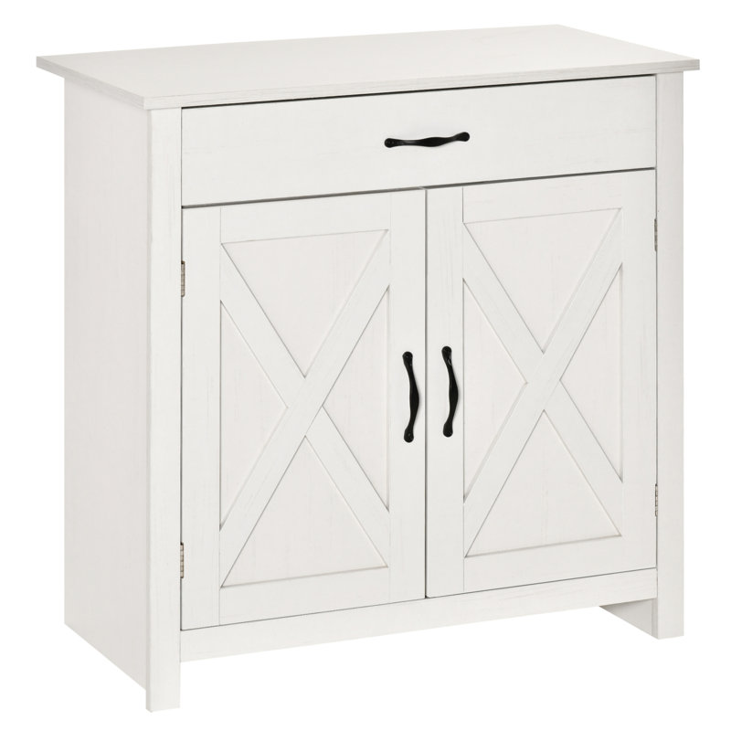 Armoire de vestibule avec porte de grange, blanc délavé, grand espace de rangement et tablette réglable