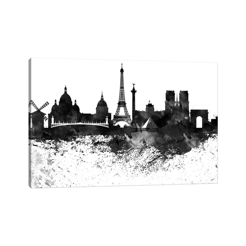Paris Skyline Black & White Drops by Wall Decor Addict - Wrapped Canvas Painting, 20.32 cm H x 30.48 cm W