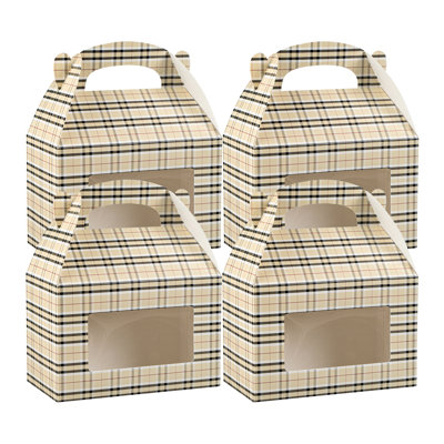 Restaurantware Gable Gift Boxes Pack of 25 Paper Treat Boxes 8.5 x 4.75 x 5.5 Inches With Window, Disposable Design Plaid Containers for Weddings or Birthdays