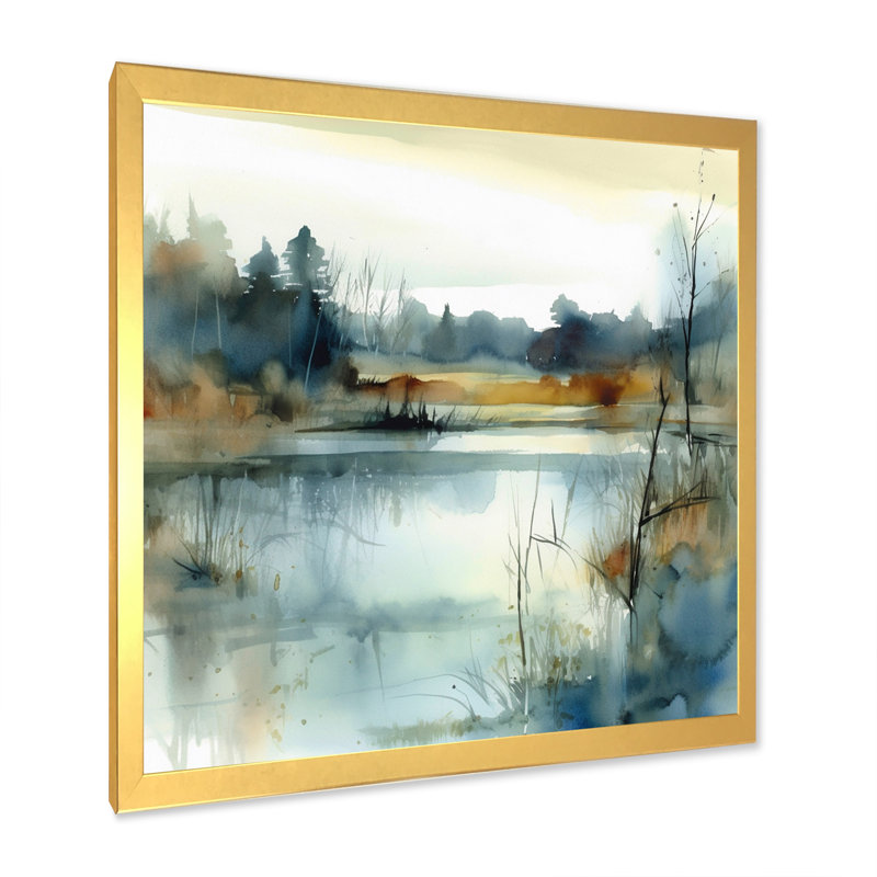 Illustration d'un paysage de lac d'été II, Doré, H 16 po x l 16 po, Cadre photo unique