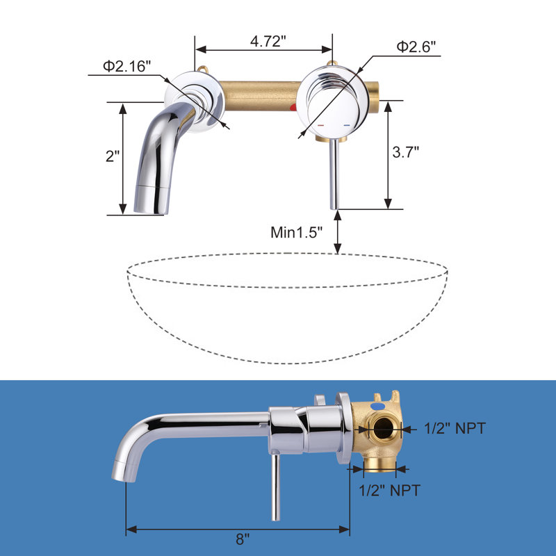 Robinet de salle de bain mural, Chrome