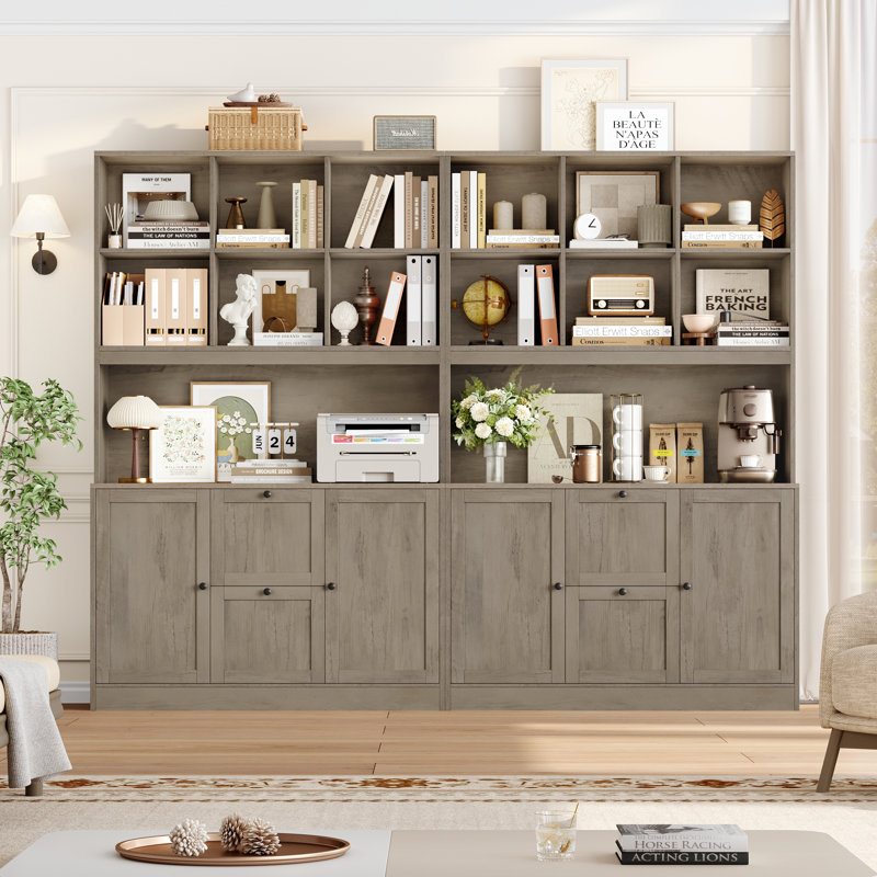 72"H Wood Storage Bookcase With Adjustable File Drawers, Base Cabinet With Drawers, Gray Brown, Gray Brown