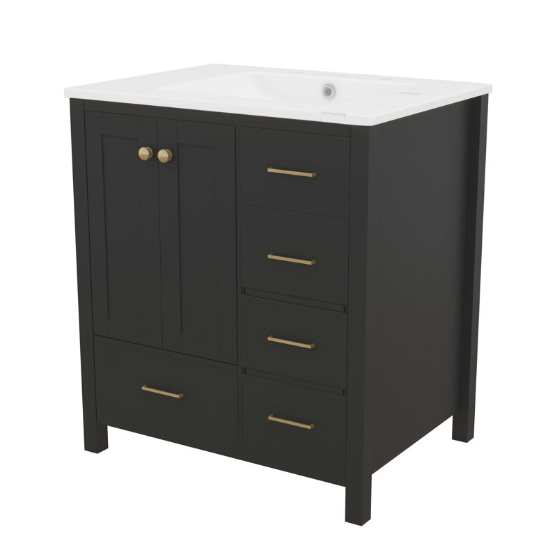 Meuble-lavabo de 30 po avec lavabo en céramique, armoire de rangement à 4 tiroirs et 2 portes, meuble-lavabo à cadre en bois massif