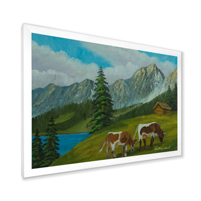 Paysage de montagne avec des vaches sur un pré vert - peinture sur toile