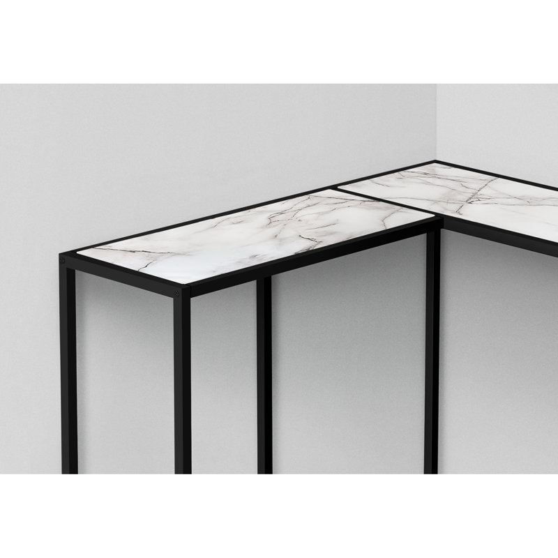 Console de salon et de chambre à coucher - Stratifié aspect marbre blanc, structure en métal noir, table étroite en métal, coin contemporain