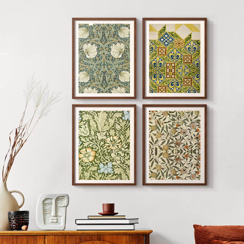 «Vintage Abstract Print XXVIII», ensemble de 4 reproductions encadrées, Noyer, H 10 po x l 32 po