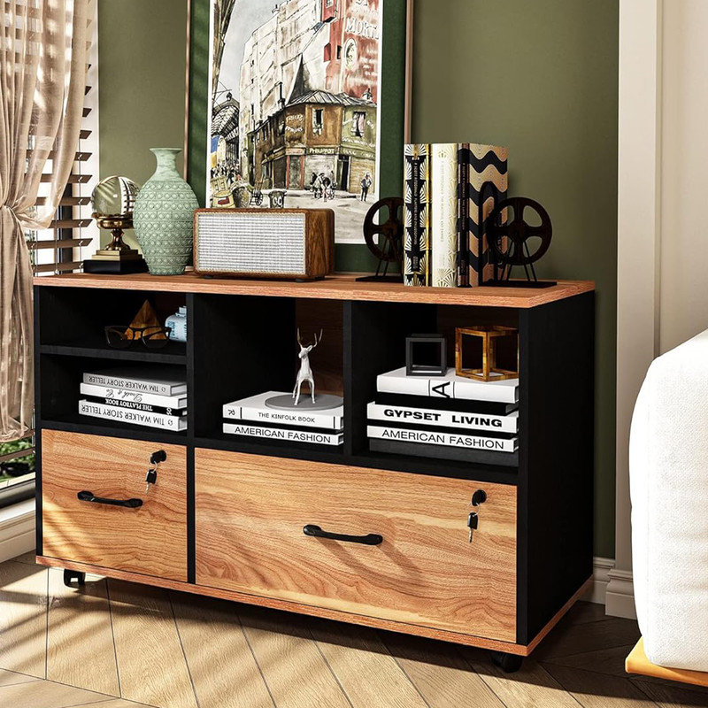 2 Drawer File Cabinet with Lock, Walnut Rolling File Cabinet for Home Office Fits Files Letter/Legal/F4/A4