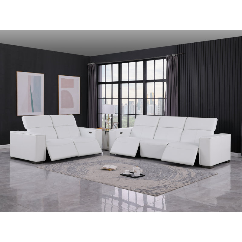 Ensemble de canapé et causeuse inclinables luxueux modulable électrique - Cuir véritable avec appuie-têtes électriques, Blanc