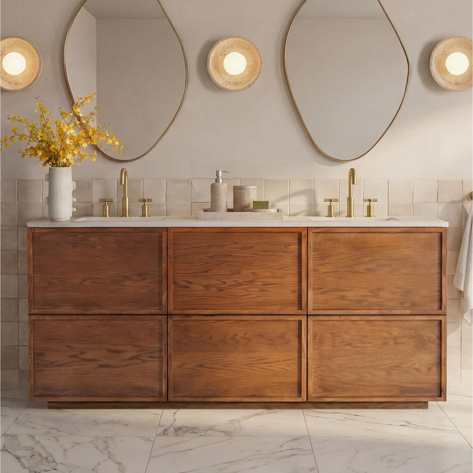 Hudson 72" Genuine Marble Double Bathroom Vanity, Medium Oak