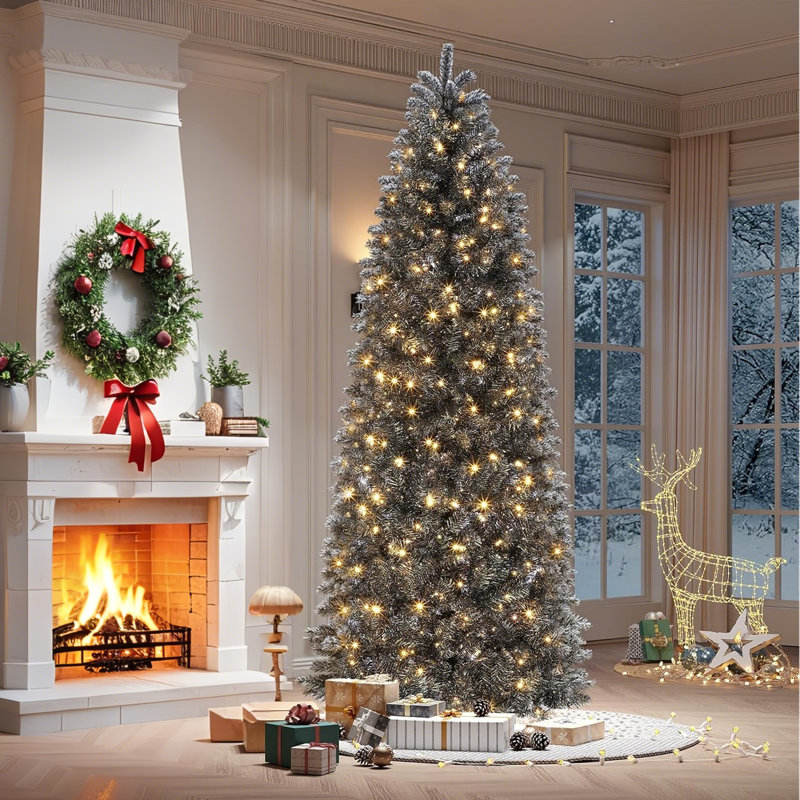 4.5FT/6FT/7.5FT Black Pencil Christmas Tree, Slim Artificial Pre-Lit Skinny Xmas Tree with Realistic Branch Tips & Sturdy Metal Stand for Home, Office, Party