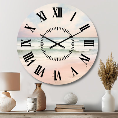 Ocean Tranquillity Tender Pink Pastel Sunrise I - Beach Black Face Wall Clock